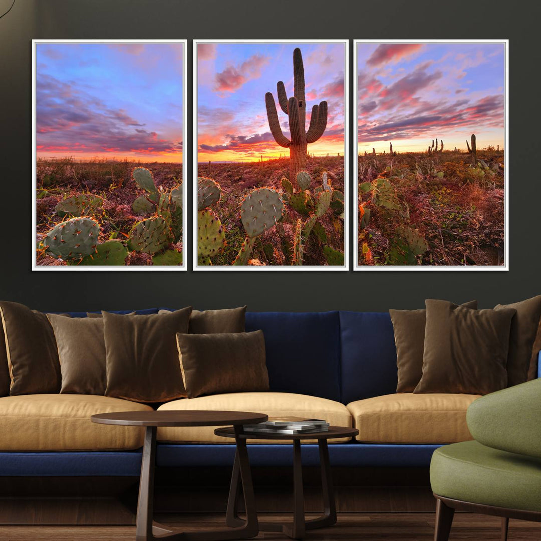 The Arizona Desert Sunset Wall Art Canvas Print featuring cacti is displayed.