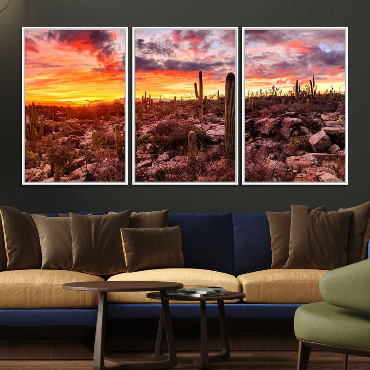 A vibrant desert sunset with cacti, perfect Western Cowboy Wall Art Print.