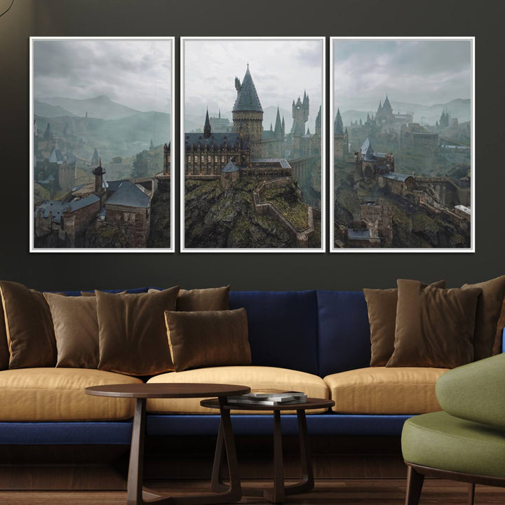 A foggy hillside Disney castle wall art with turrets.