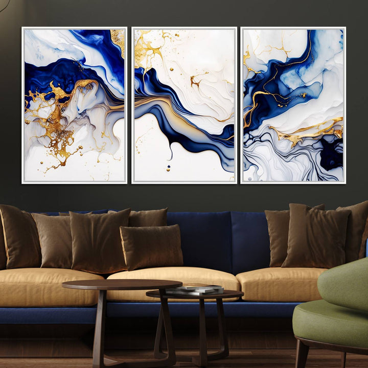 Golden Cascades on Midnight Blue wall art swirls above, featuring gold and white accents.