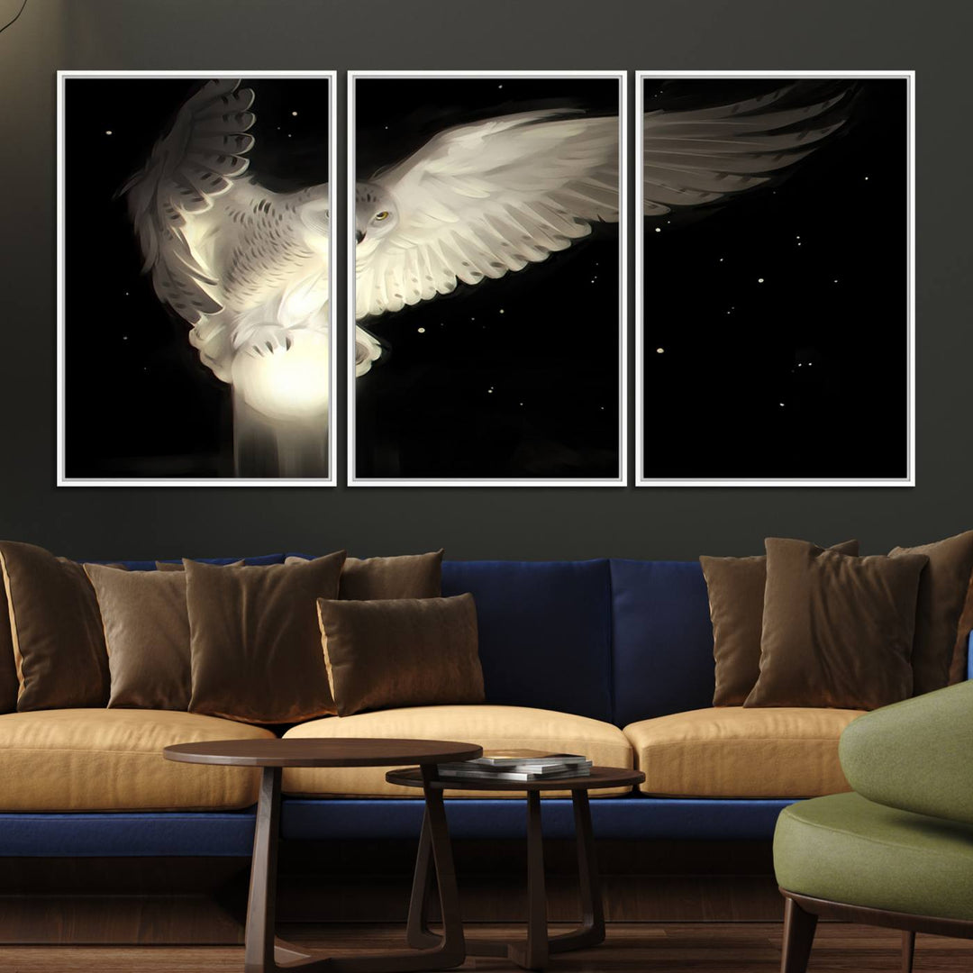 The Night Owl Art graces the wall with its depiction of a snowy owl on a glowing orb, perfect for modern decor.