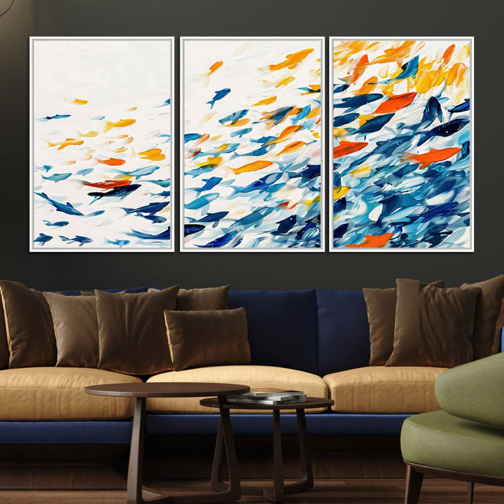 A colorful Abstract Fish Shoal Canvas Print hangs on the wall.