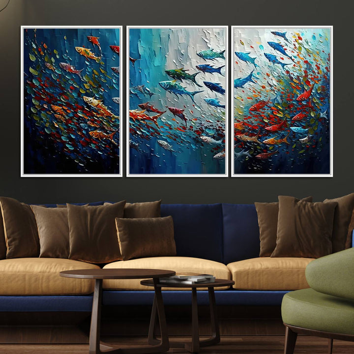 Modern Abstract Fish Shoal Wall Art features blue, red, and orange fish.