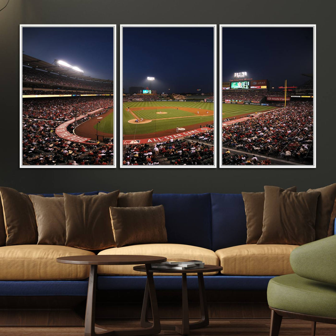 Aerial view of an LA Angels game at night, captured as stunning wall art on premium canvas, handmade in the USA.