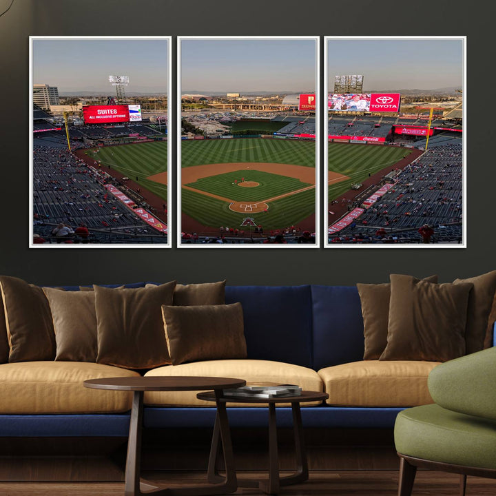 Aerial view of Angel Stadium, perfect as gallery-quality wall art - Los Angeles Angels Canvas Print.