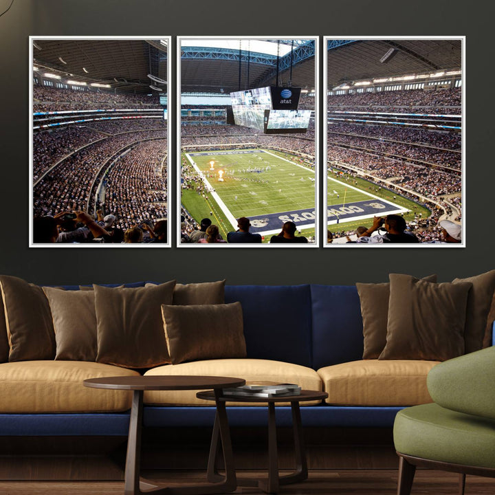 The wall art is a Dallas Cowboys AT&T Stadium Canvas Print, showcasing the iconic logo.