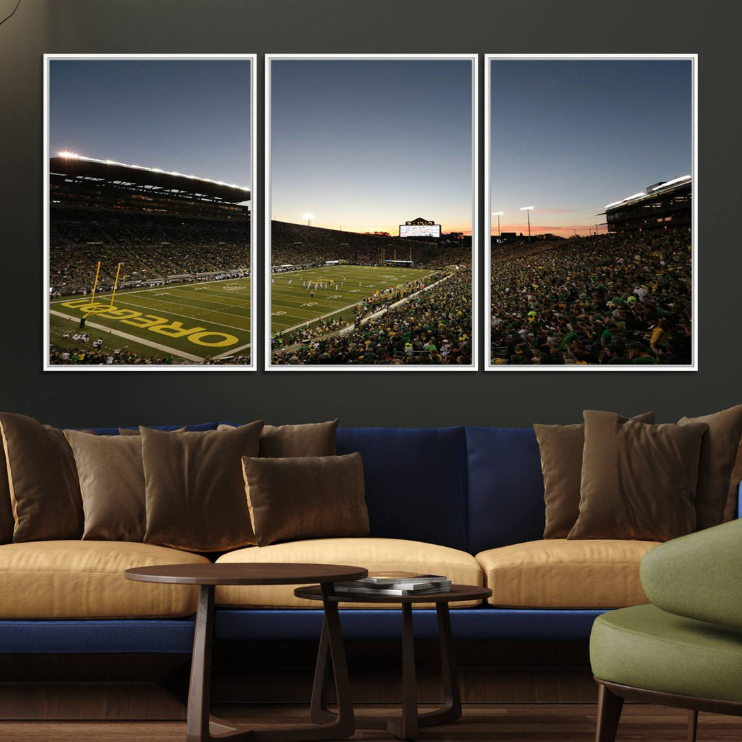 Canvas artwork depicting an Oregon Ducks football game at Autzen Stadium, capturing a sunset and packed stands.