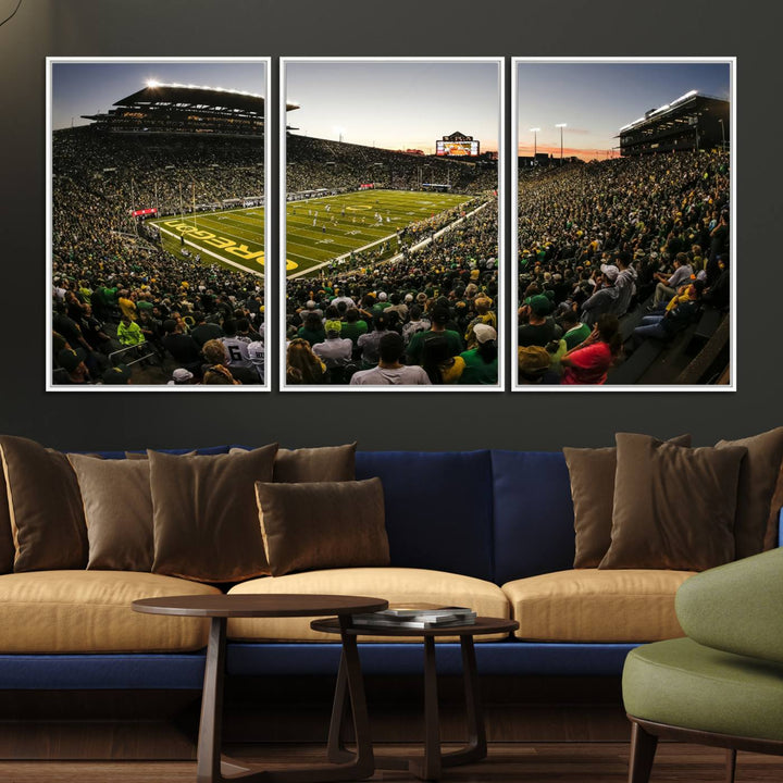 The Oregon Stadium Canvas Wall Art features a depiction of a packed Autzen Stadium with OREGON prominently displayed on the field.