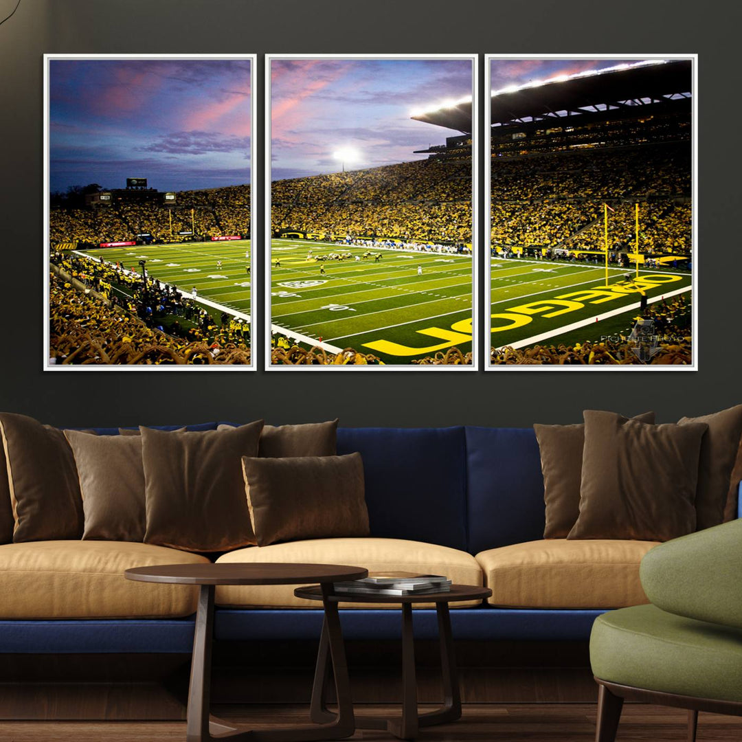 This gallery-quality canvas print features a depiction of the OREGON field filled with fans at sunset, capturing the essence of the University of Oregon Ducks Autzen Stadium.