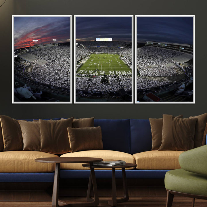 Canvas art capturing the packed Beaver Stadium at dusk, with Penn State emblazoned on the field and a sea of white-clad fans—true perfection.