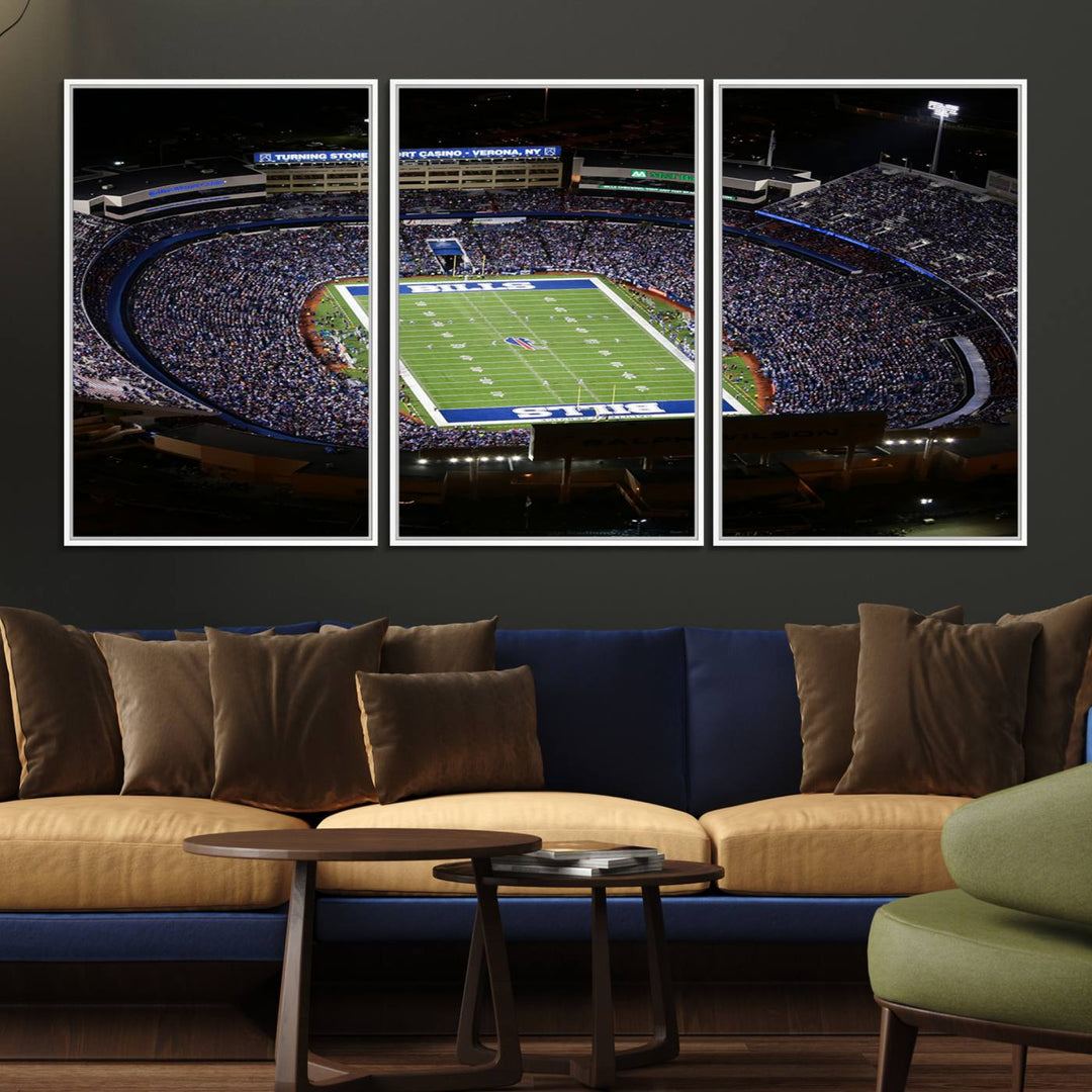 Aerial view of football stadium at night, featuring Buffalo Bills Highmark Stadium Wall Art.