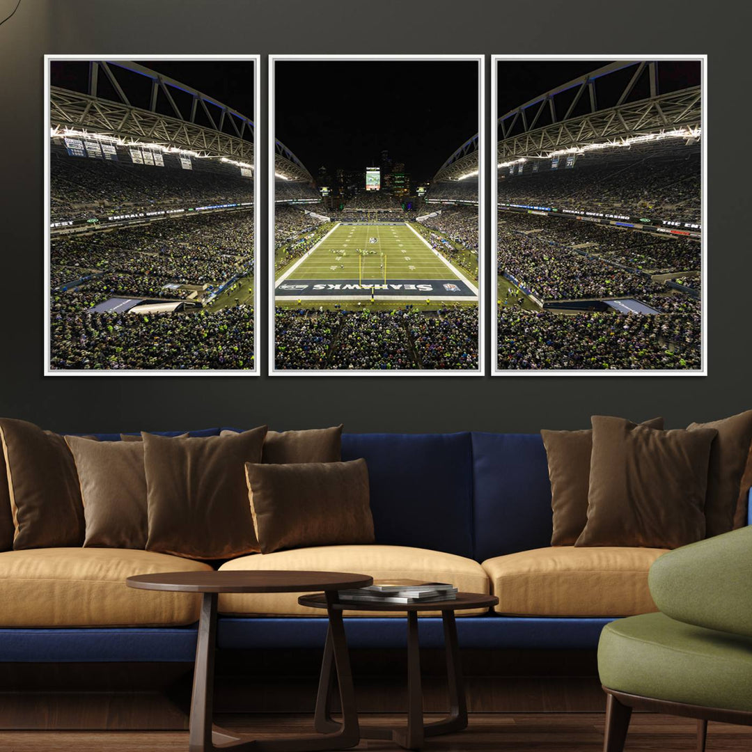 Handmade Seattle Seahawks Stadium Canvas Wall Art Print featuring an aerial view of Night football at CenturyLink Field marked Seahawks.