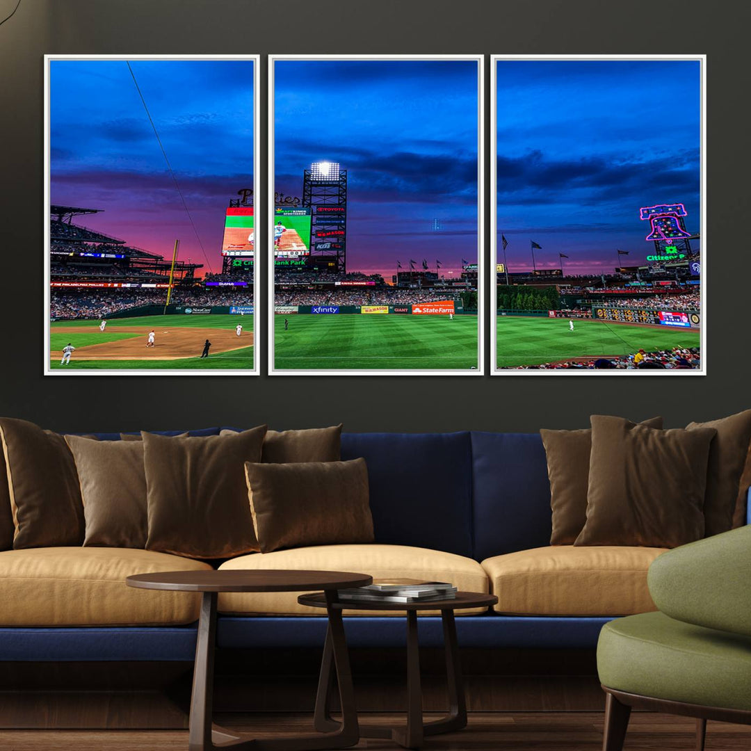 The Phillies canvas print captures a stunning sunset, vibrant signage, and players on the field.