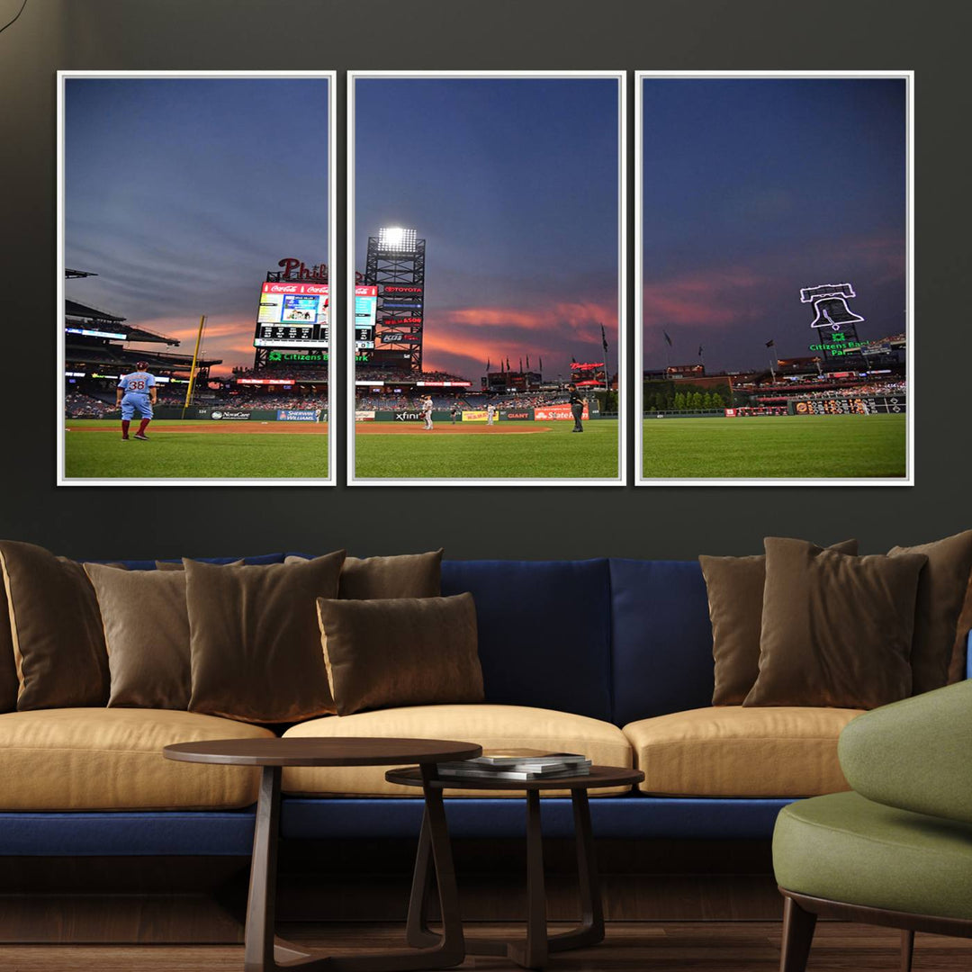 Philadelphia Phillies at sunset: Citizens Bank Park captured in a charming canvas wall art print.