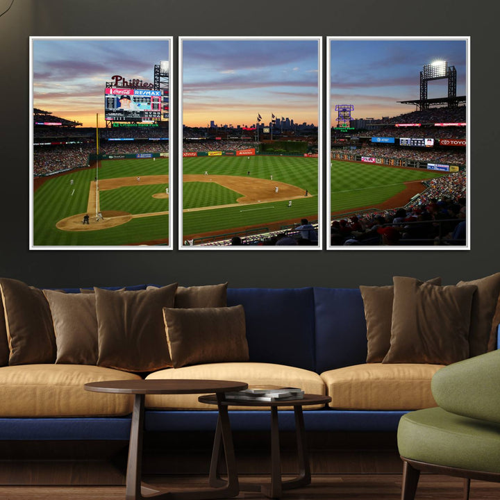 A sunset game at Citizens Bank Park depicted on a 3-panel Phillies canvas.