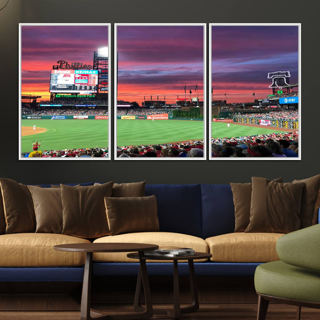 The Philadelphia Phillies canvas print showcases Citizens Bank Park at sunset with a crowd and scoreboard.