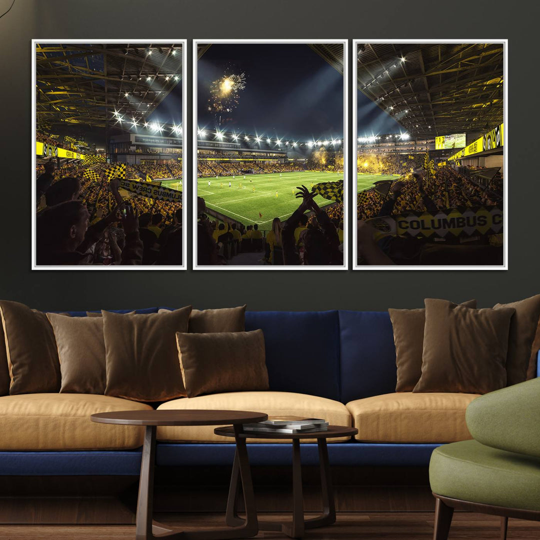 The wall art canvas print captures a packed soccer stadium scene with fans and fireworks.