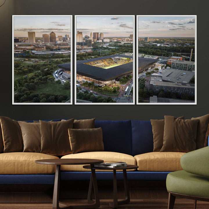 The Columbus Crew Soccer Stadium canvas art adds a vibrant touch to the room.