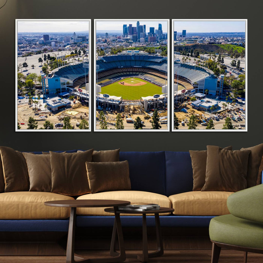 Aerial view of Dodger Stadium city skyline on a premium Los Angeles Dodgers MLB canvas print.