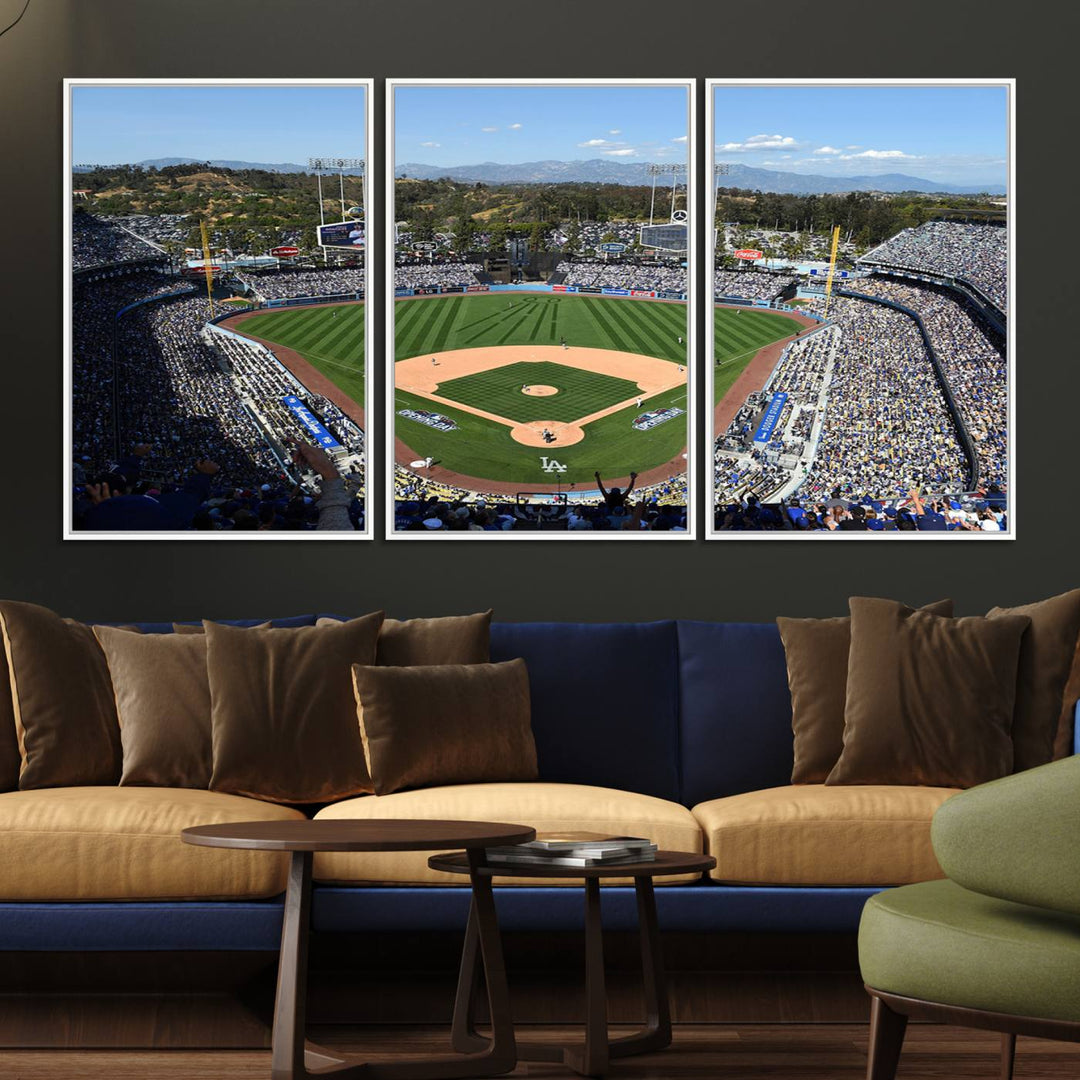 Aerial view of Dodger Stadium captured in gallery-quality on a Dodgers wall art canvas.