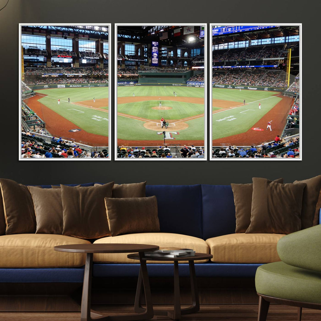 Admire the Texas Rangers Wall Art showcasing Globe Life Fields covered stadium and its lively crowd.