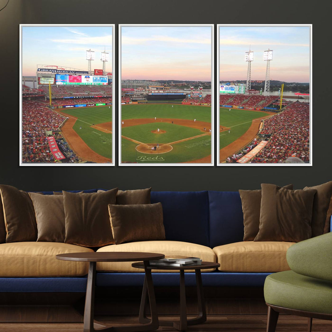 Cincinnati Reds game at sunset: Stadium wall art canvas.