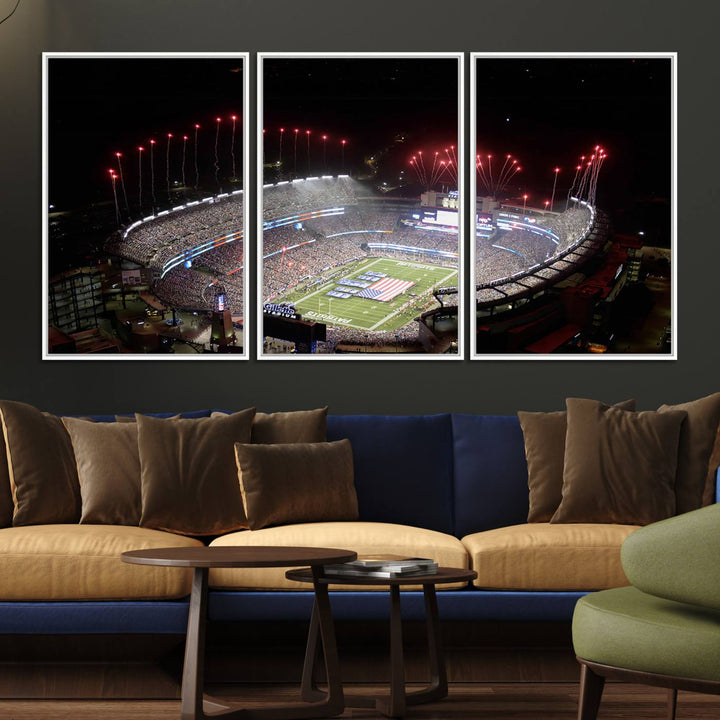 Aerial view of Gillette Stadium with fireworks and flag—ideal for a New England Patriots canvas print.