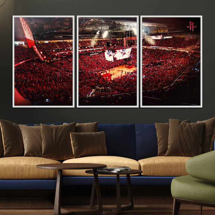 A crowded basketball arena with red lighting hosts a Houston Rockets game.