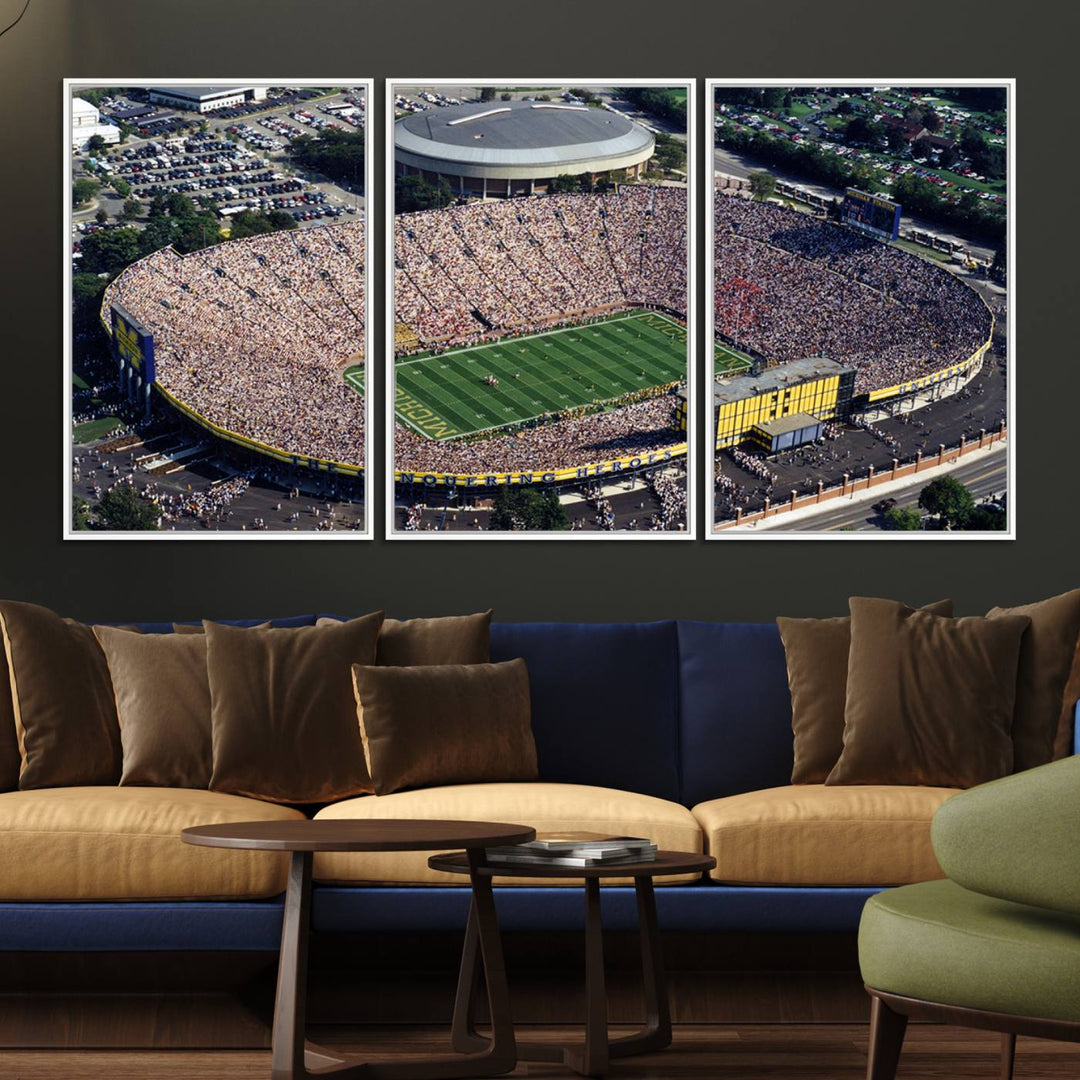 Aerial view of Michigan Wolverines college football culture on a stadium canvas wall art.