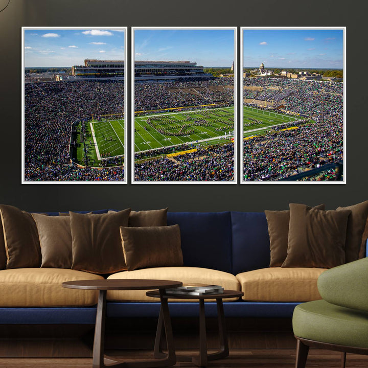 Aerial shot of packed stadium on green; Notre Dame Fighting Irish Stadium Wall Art Canvas Print.