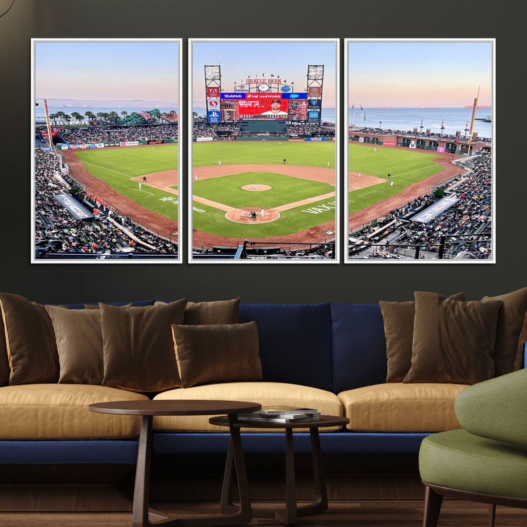 Gallery-quality canvas print of Oracle Park Stadium showcasing a waterfront view from behind home plate.