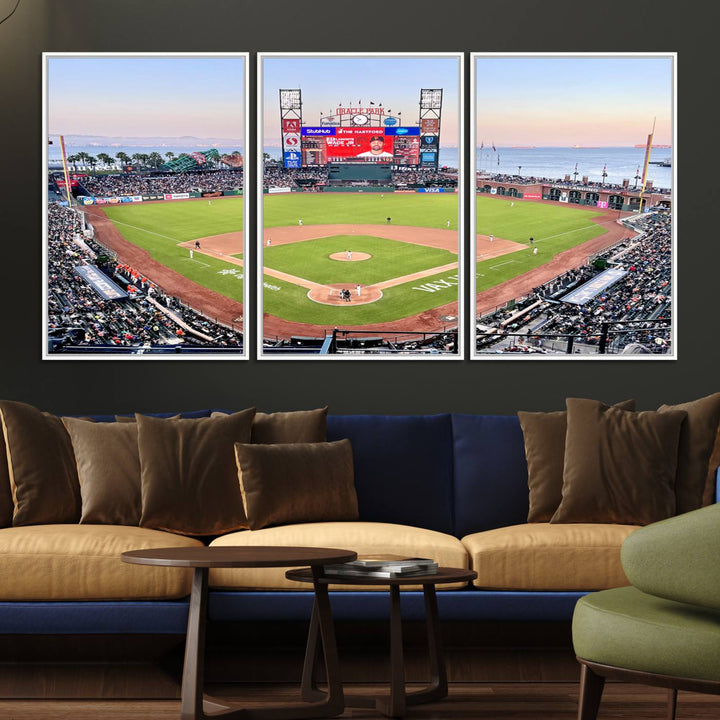 Gallery-quality canvas print of Oracle Park Stadium showcasing a waterfront view from behind home plate.