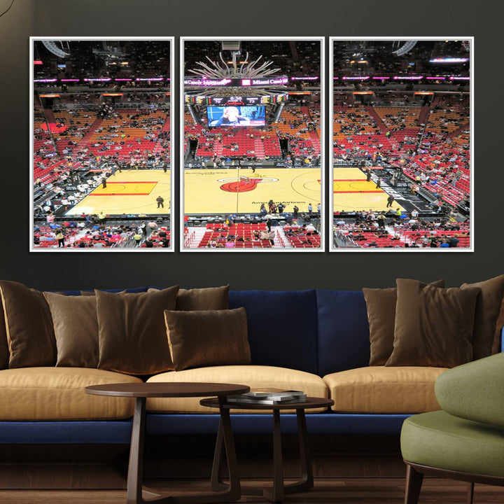 A Miami Heat Basketball Print showcases Kaseya Center Stadium Wall Art with a grand scoreboard.