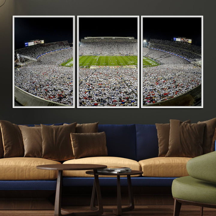 The triple canvas wall art depicts Beaver Stadiums vibrant atmosphere during a night game from the end zone.