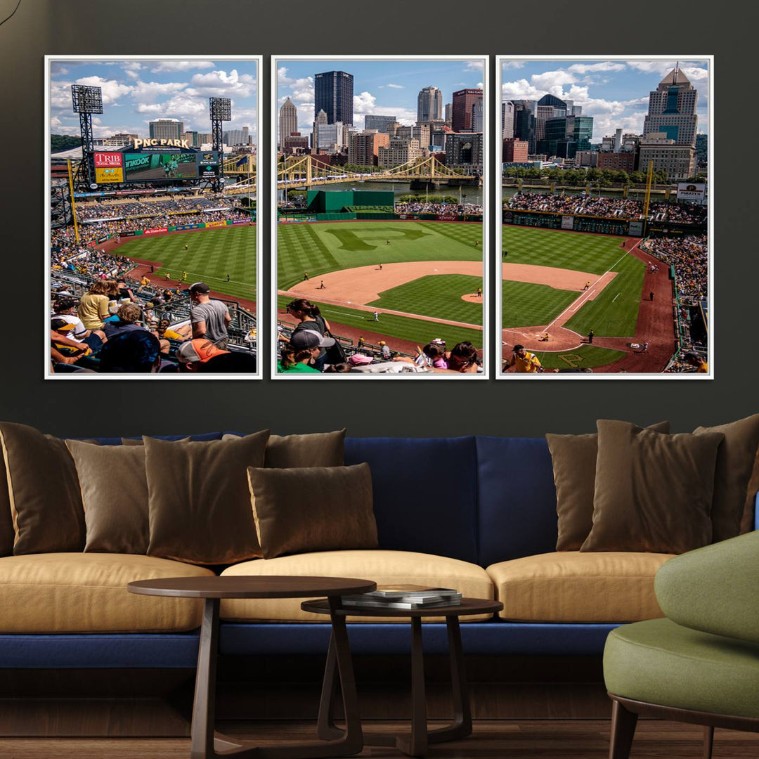 PNC Park Stadium canvas print features a lush field and city skyline, ready to hang.