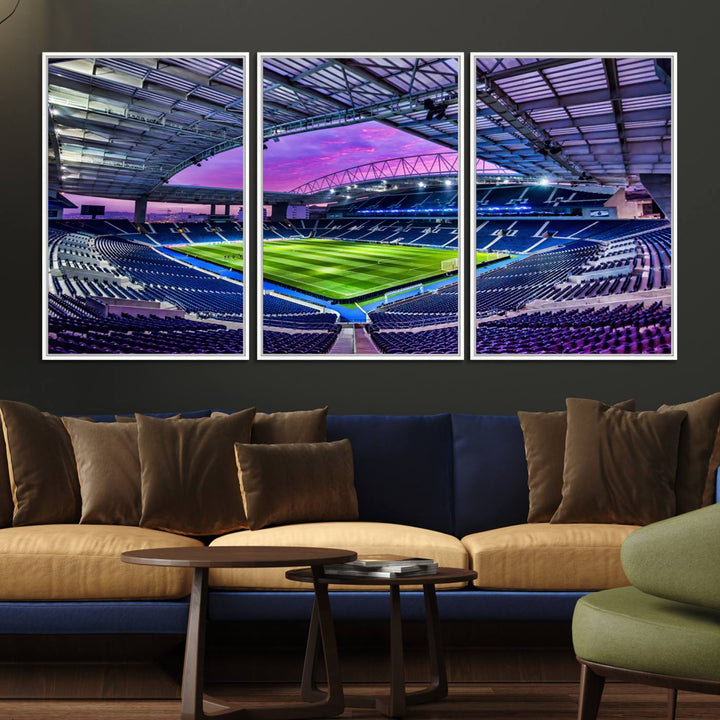 The FC Porto Soccer Team Dragon Stadium Wall Art Canvas Print decorates the room.