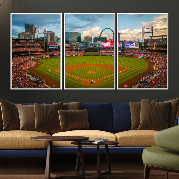 Canvas art of the St. Louis Cardinals Busch Stadium, capturing the citys skyline.