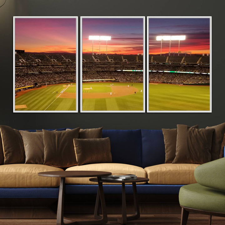 The Oakland Coliseum print is a museum-quality canvas depicting a full crowd and a sunset.