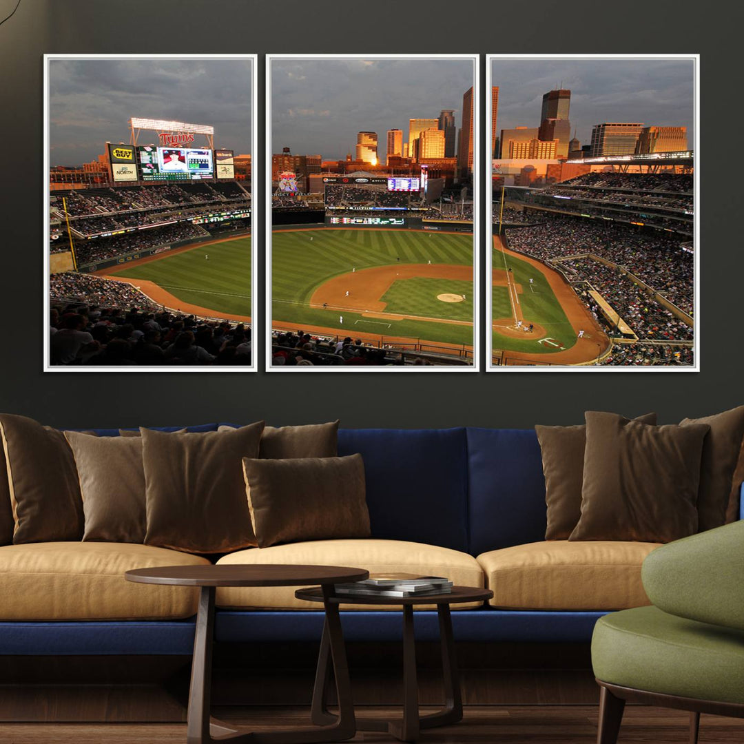 Baseball at Target Field, sunset game, city skyline view.