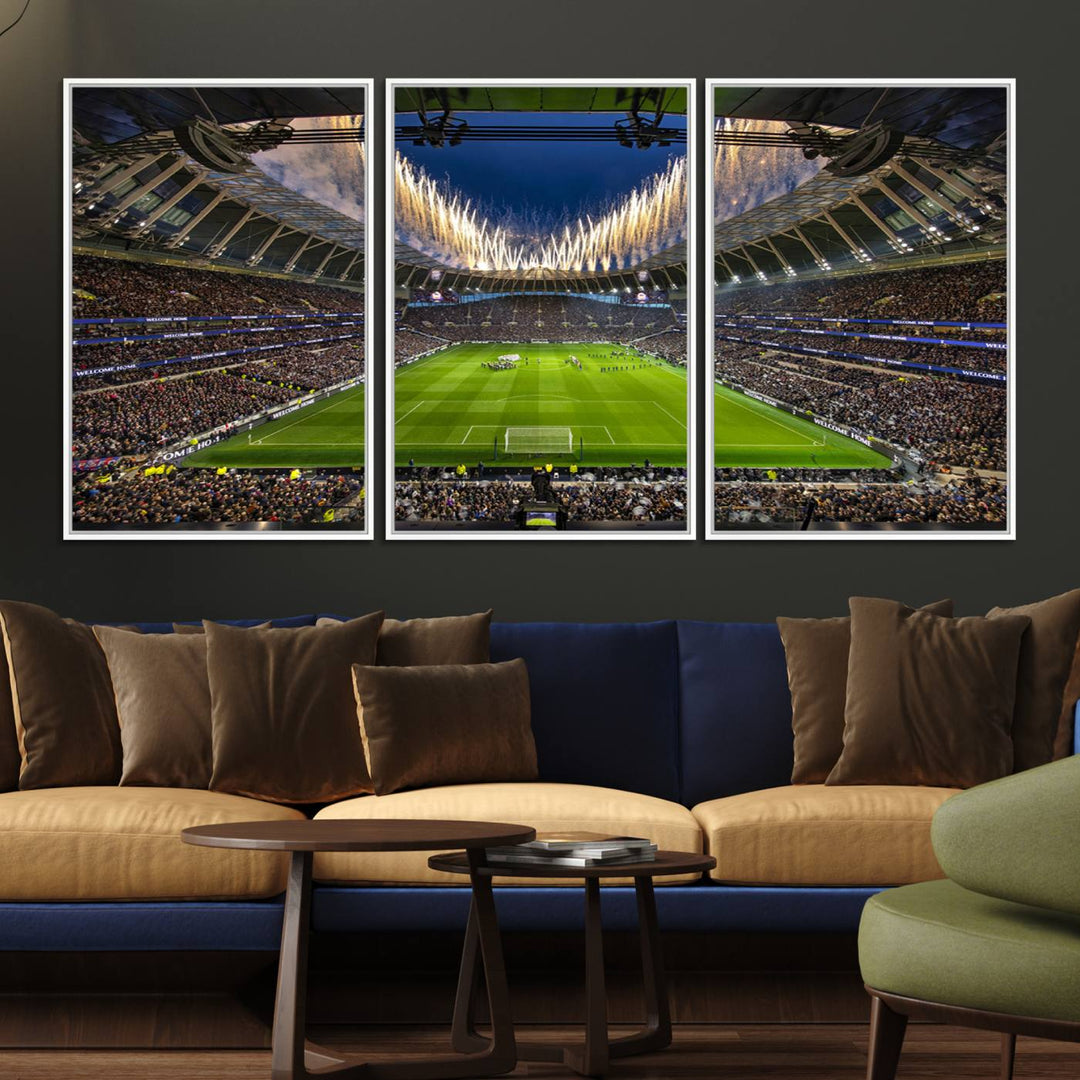 A stunning Tottenham Hotspur Stadium wall art captures the energy of a stadium packed with fans and vibrant lights.