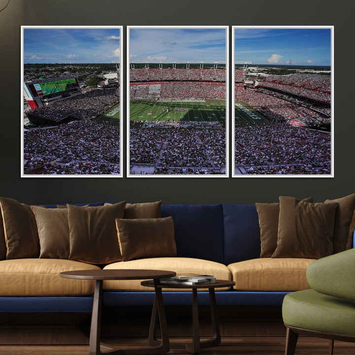 The wall art is a South Carolina Gamecocks print, showcasing Williams-Brice Stadium from a distance under clear skies.