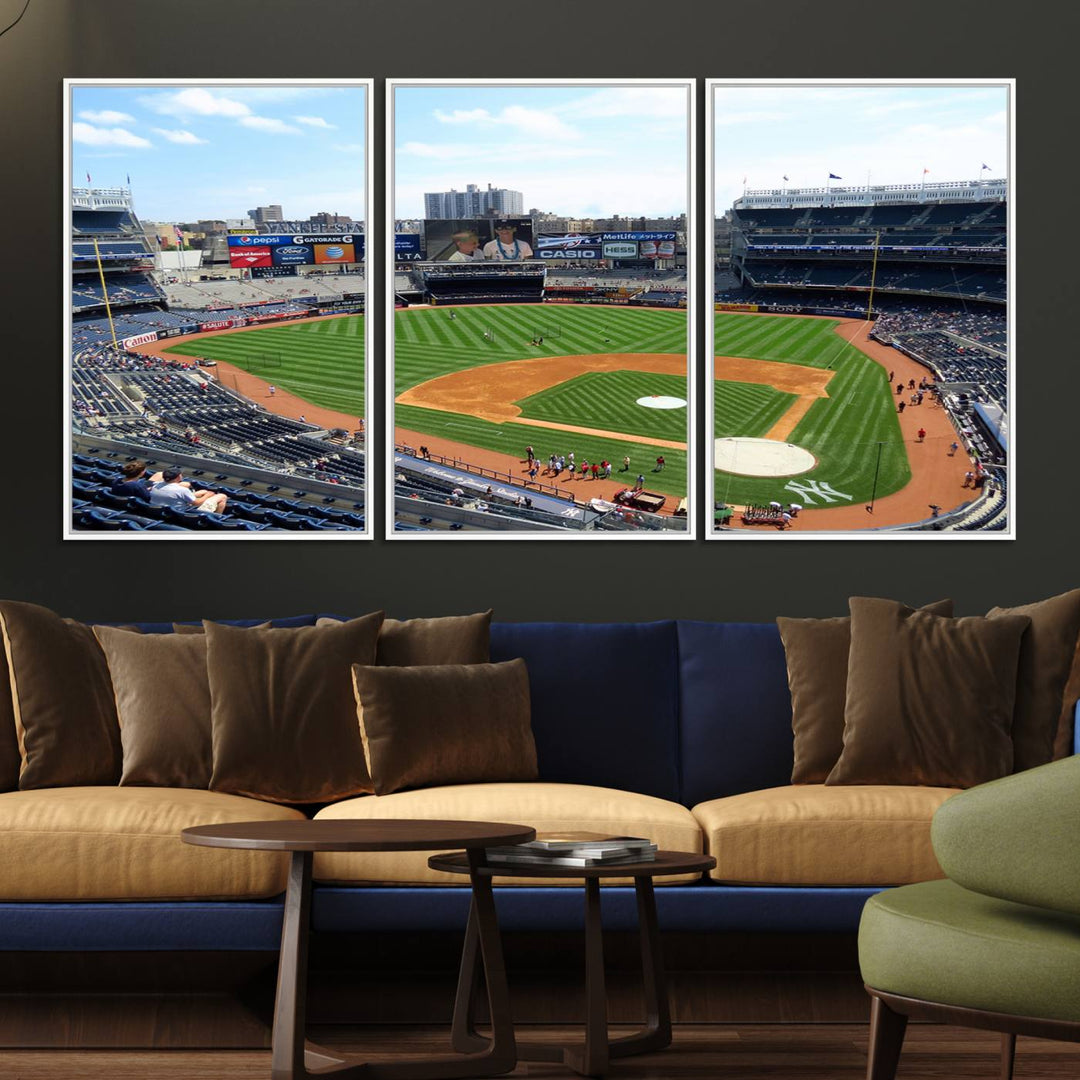 The living room features a Buffalo Bills Stadium wall art.