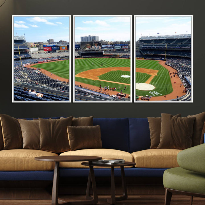 The living room features a Buffalo Bills Stadium wall art.