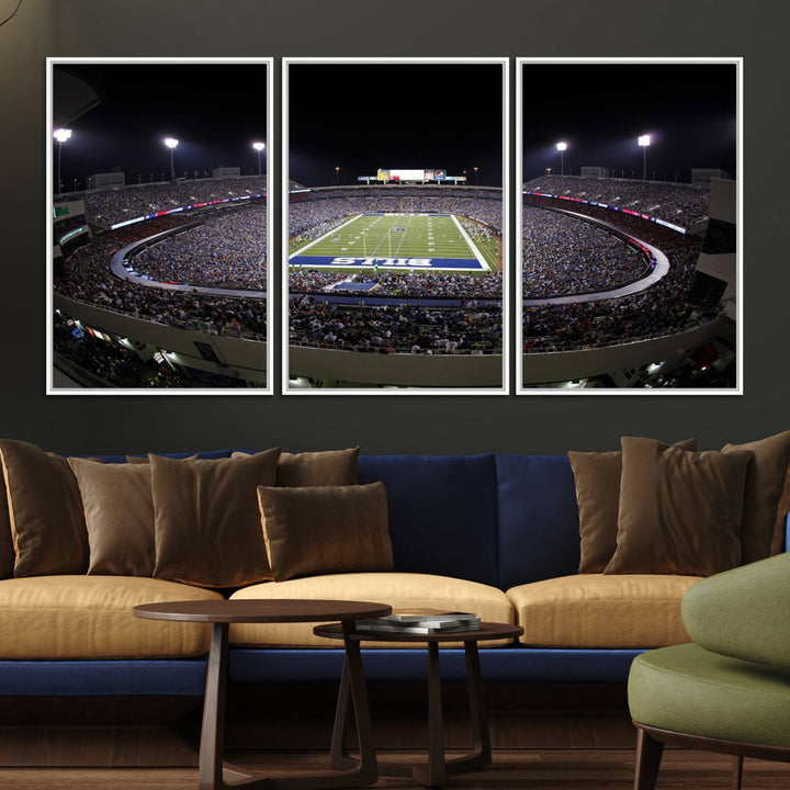 The Buffalo Bills NFL Highmark Stadium at night print captures the bright lights, conveying an exhilarating atmosphere.