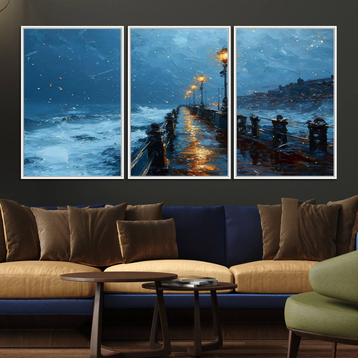 A framed oil painting depicts a stormy night at a beach pier, with glowing lamps and waves beneath a snow-filled sky.