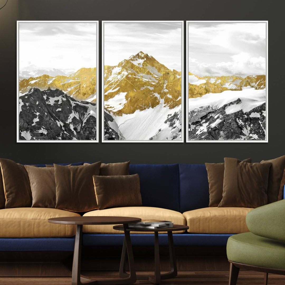 Gold Abstract Mountains Wall Art Print on Canvas.