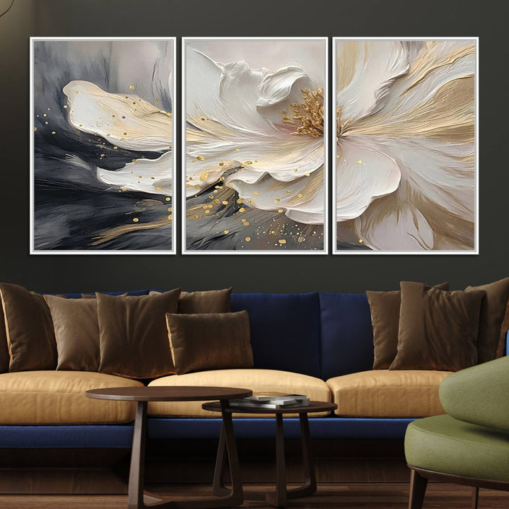 The abstract floral wall art canvas print features a large flower with gold accents.