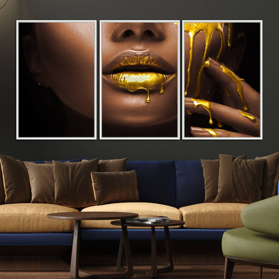 African American Art Canvas Print of a Black Woman with Gold Lips.