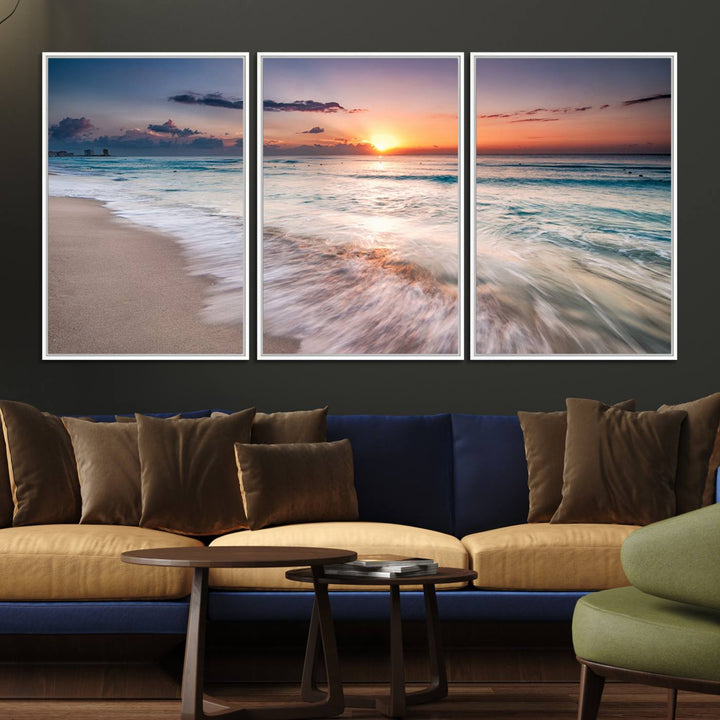 The Sunset Beach Wall Art adds tranquility to the living room.