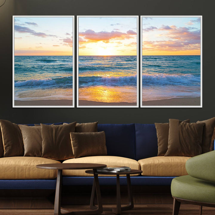 The Golden Sunset Over Ocean Waves painting depicts a vibrant sky.